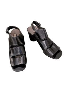 Enzo Angiolini Black Brazil Leather Block Heel Open Toe Buckle Sandal Shoes  7.5